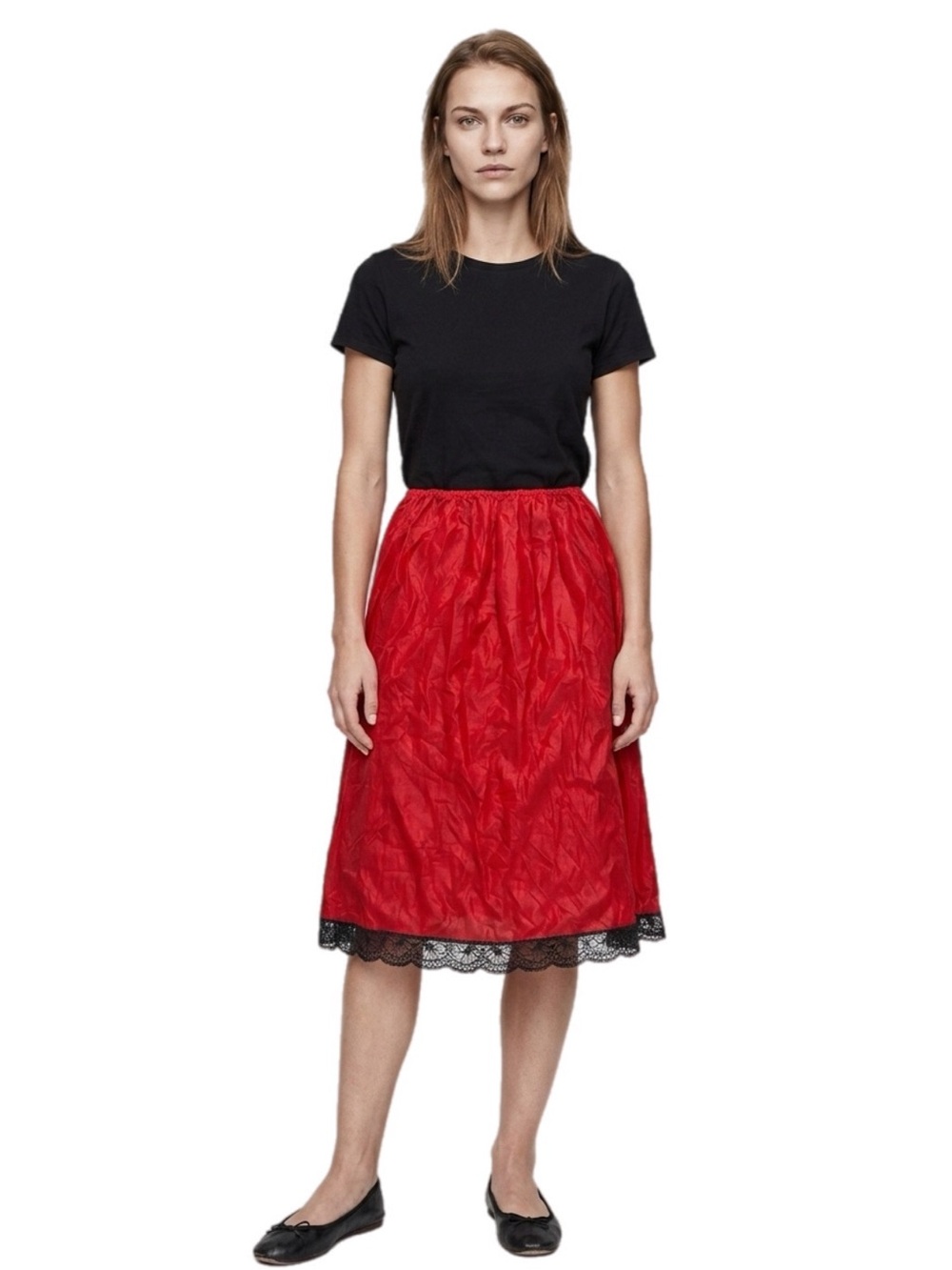 70s/80s European Vintage Nylon Midi Slip Skirt with Lace Trim (Red/Black) Size M